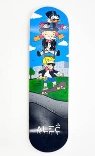 ALEC MONOPOLY – Hand-Painted Skateboard Deck Featuring Richie Rich & Scrooge McDuck: ALEC MONOPOLY (b. 1986) Hand-Painted Skateboard Deck – Richie Rich, Scrooge McDuck & Monopoly Man A bold and vivid hand-painted skateboard deck by street artist Alec Monopoly, featuring his iconic