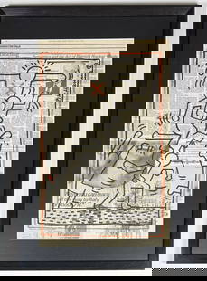KEITH HARING – ORIGINAL INK DRAWING ON NEWSPAPER, 1986: KEITH HARING (1958–1990) Untitled, 1986 Ink on newspaper With documentation from Angel Ortiz Studio This dynamic original drawing by Keith Haring features his iconic figures rendered in black and re