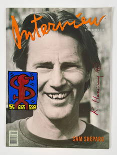 Keith Haring - Interview Magazine (Signed w/ Drawing): KEITH HARING (1958–1990) Interview Magazine (Sam Shepard Cover) Original issue of Interview Magazine featuring actor Sam Shepard on the cover, boldly hand signed by Keith Haring with an accompanying