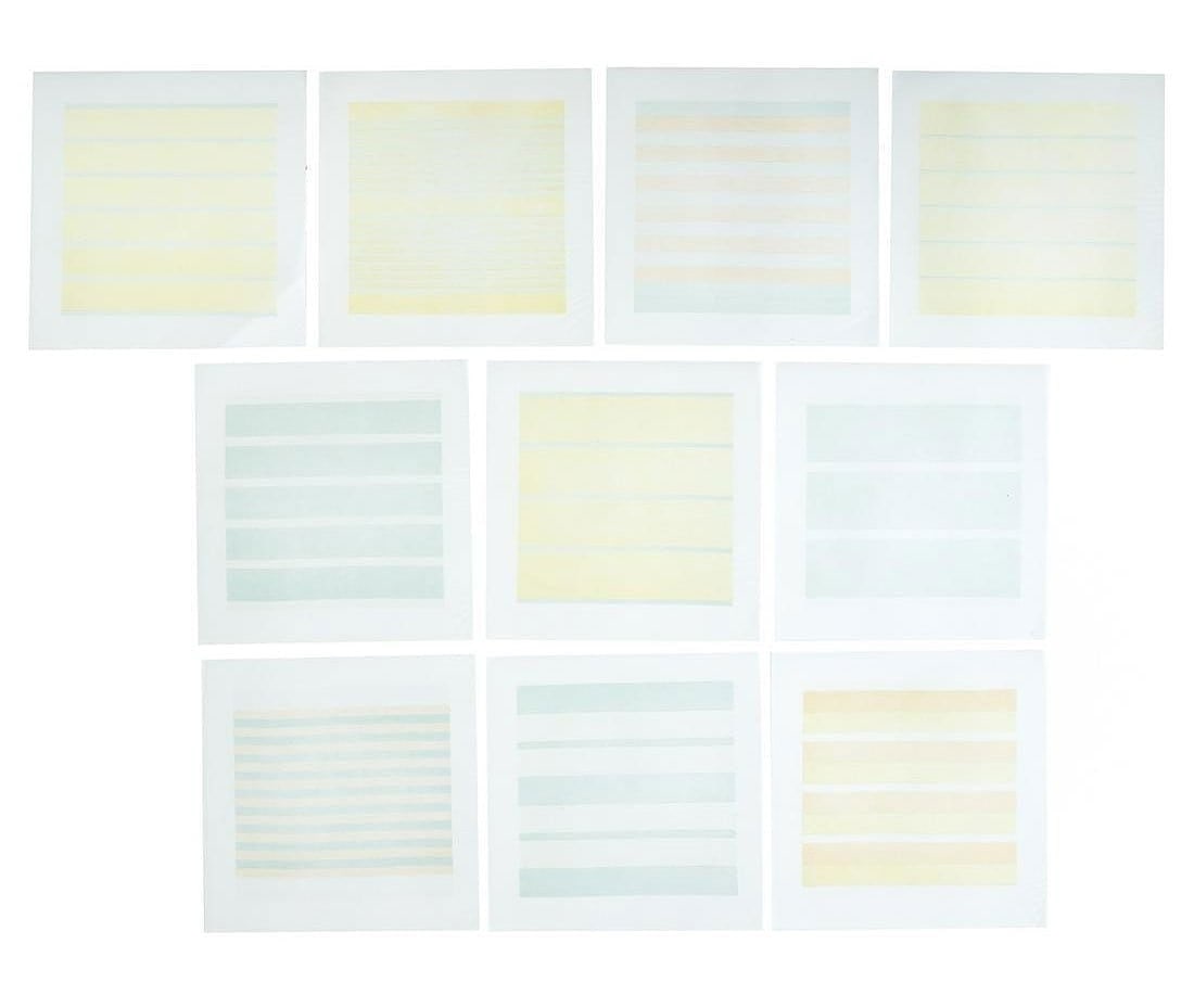 AGNES MARTIN – Ten Lithographs on Vellum, Complete Portfolio: AGNES MARTIN (1912–2004) Ten Lithographs on Vellum Complete portfolio of ten minimalist lithographs on vellum, each bearing the meditative precision and quiet geometry characteristic of Agnes Martin