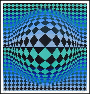 VICTOR VASARELY – Signed Op Art Silkscreen, 40 x 38 in: VICTOR VASARELY (1906–1997) Untitled (Optical Sphere Composition) Silkscreen in color on paper Hand signed and numbered by the artist A bold and hypnotic composition by the father of the Op Art move