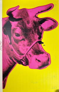 Andy Warhol - Cow, Offset Lithograph w/ Margins: ANDY WARHOL (1928–1987) Purple Cow on Yellow Offset lithograph on paper Stamped on the reverse with the artist’s estate stamp and annotated with margin text 30 x 47 inches A bold and iconic image