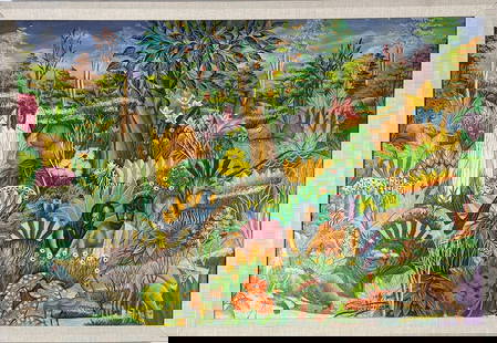 Gesner Abelard - "Adam & Eve" Oil Painting on Canvas: GESNER ABELARD (B. 1922) Adam and Eve Oil Painting on Canvas Dimensions: 26 x 38 inches (framed) This vibrant and intricately detailed oil painting by Haitian artist Gesner Abelard depicts the biblica