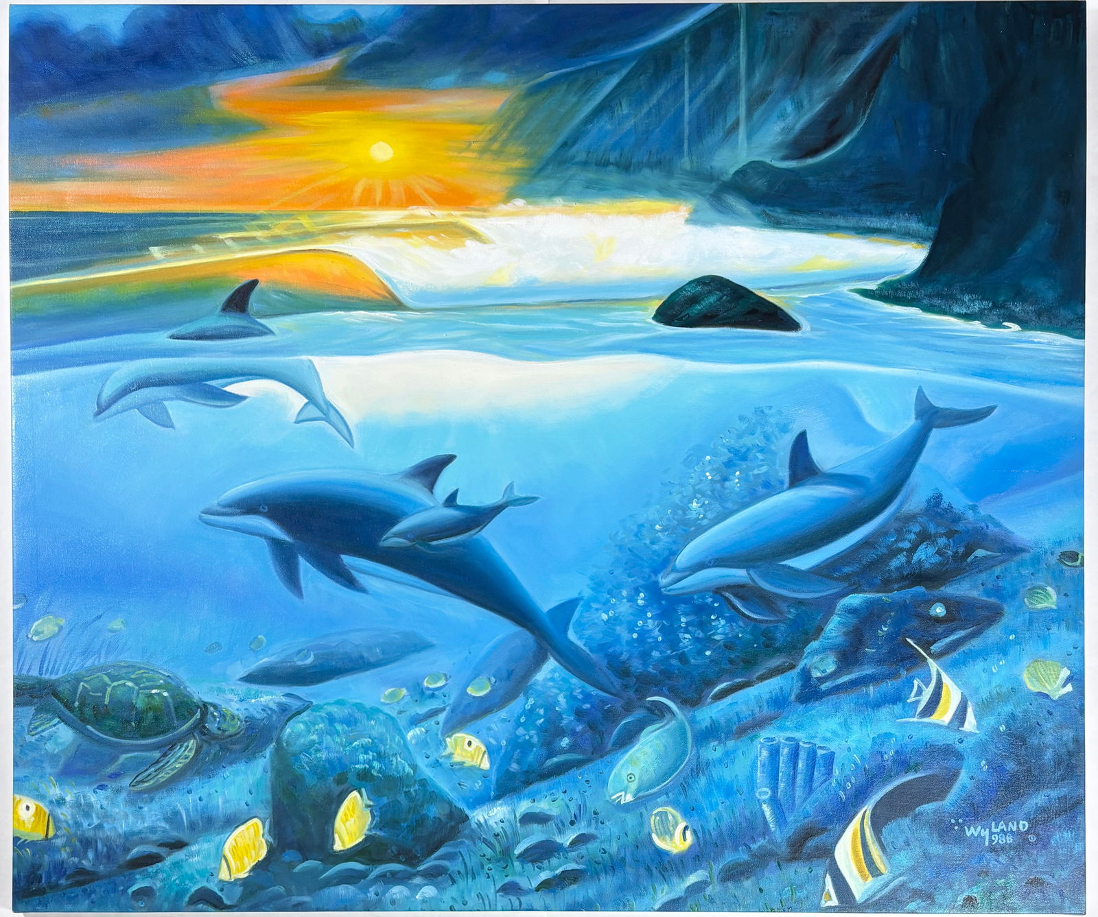 ROBERT WYLAND – Original Oil Painting of Dolphins and Sunset (1988) (1 of 10)