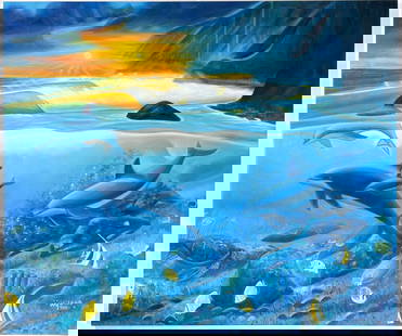 ROBERT WYLAND – Original Oil Painting of Dolphins and Sunset (1988): ROBERT WYLAND (B. 1956) Untitled Marine Sunset Scene Original Oil Painting on Canvas Signed and dated 1988 in lower right Vivid depiction of dolphins, fish, and underwater reef life with a glowing sun