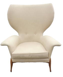 Rare Mid-Century High-Back Lounge Chair, Possibly Danish, ID-57 Stamped: Attributed to: Wegner or Italian Mid-Century Design High-Back Lounge Chair Cream fabric upholstery with sculptural winged back Stamped ID-57, possibly Danish origin Elegant tapered wood legs with wide