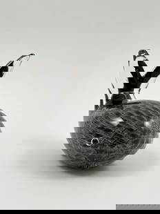 Murano Style Art Glass Whale Sculpture, 5 Inches Wide: Murano Art Glass Whale A charming Murano-style glass sculpture depicting a stylized whale with a textured, bubbled surface and wide tail fin. Crafted in deep charcoal-black glass with clear accents