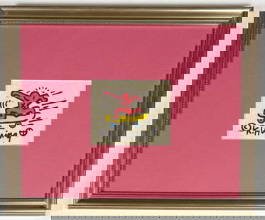 Keith Haring Original Drawing on Fabric, 1985: Keith Haring (1958–1990) Untitled, 1985 Sumi ink on fabric, professionally framed with bold pink matting and metallic frame. Authenticated with a signed certificate from The Keith Haring Estate, con