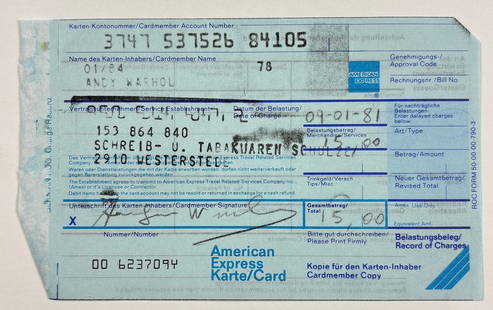 ANDY WARHOL – Signed American Express Charge Slip, 1981 (Germany): ANDY WARHOL (1928–1987) Signed American Express Charge Slip, January 8, 1981 A rare carbon-copy credit card receipt signed by Andy Warhol, issued during a 1981 transaction in Westerstede, Germany.