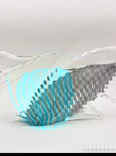 Murano Art Glass Fish Sculpture, Blue & Clear, 6.75": Murano Art Glass Fish Sculpture A charming example of mid-century Murano craftsmanship, this handblown glass fish features swirling turquoise blue and clear glass with vertical ribbed striping and