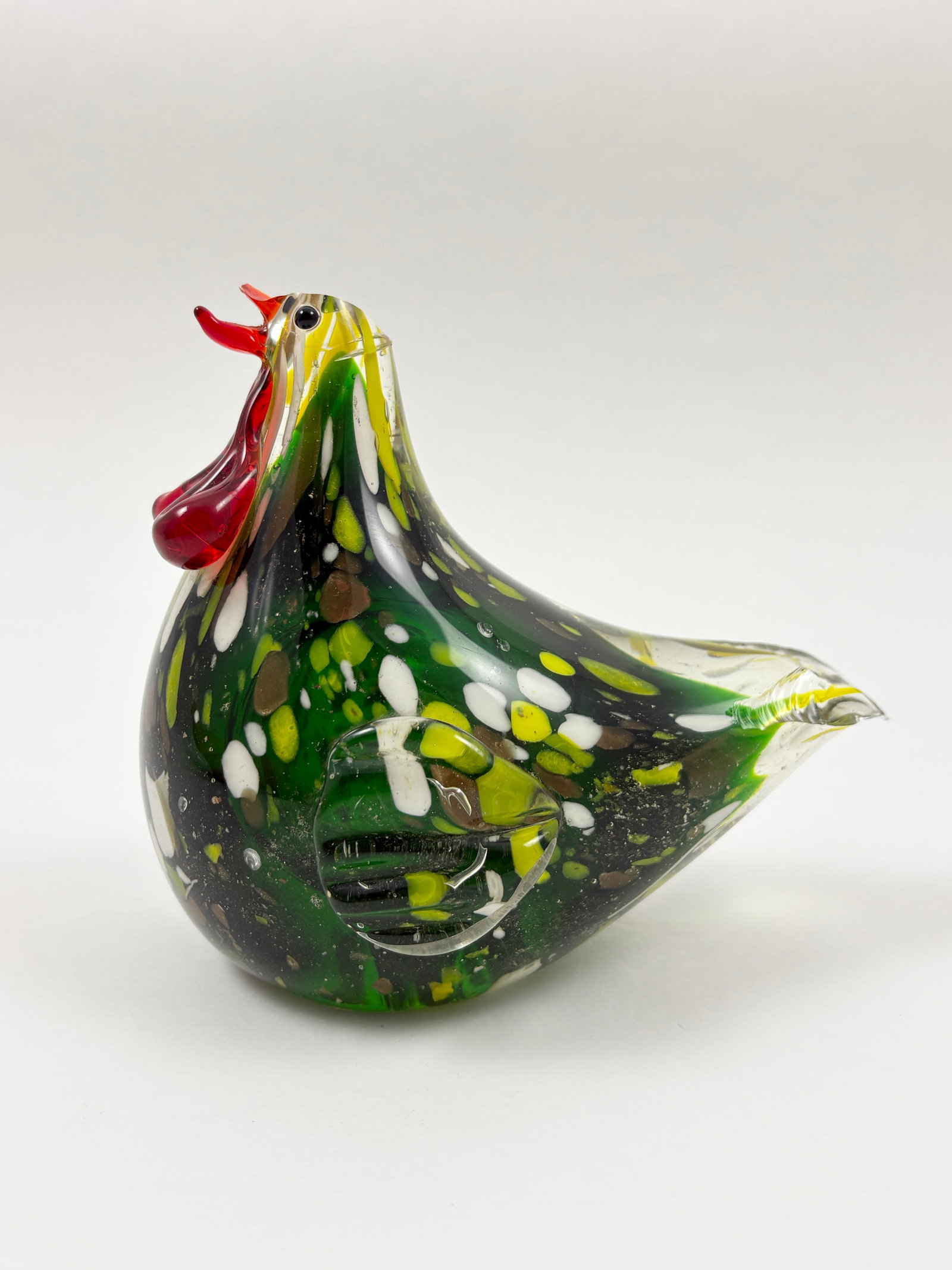 Murano Art Glass Chicken Sculpture, 6 Inches Tall: MURANO Art Glass Chicken Sculpture A whimsical Murano-style art glass sculpture in the form of a rooster or chicken, featuring rich tones of green, yellow, brown, and white with a speckled millefiori 
