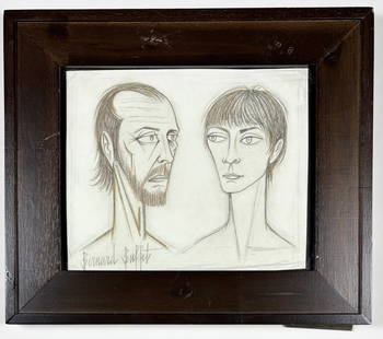 Bernard Buffet - Pencil Drawing: BERNARD BUFFET (French, 1928–1999) Two Figures Medium: Pencil drawing on paper Signature: Signed lower left Finely rendered double portrait in Buffet’s signature angular style, depicting a bearded