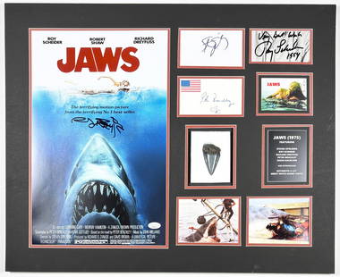 Jaws (1975) Signed Display w/ Spielberg, Roy Scheider & Peter Benchley + Fossil Tooth: Jaws (1975) – Multi-Signed Framed Display with Fossil Great White Shark Tooth Custom presentation centered on an original Jaws movie poster, surrounded by signed components from key figures behind t