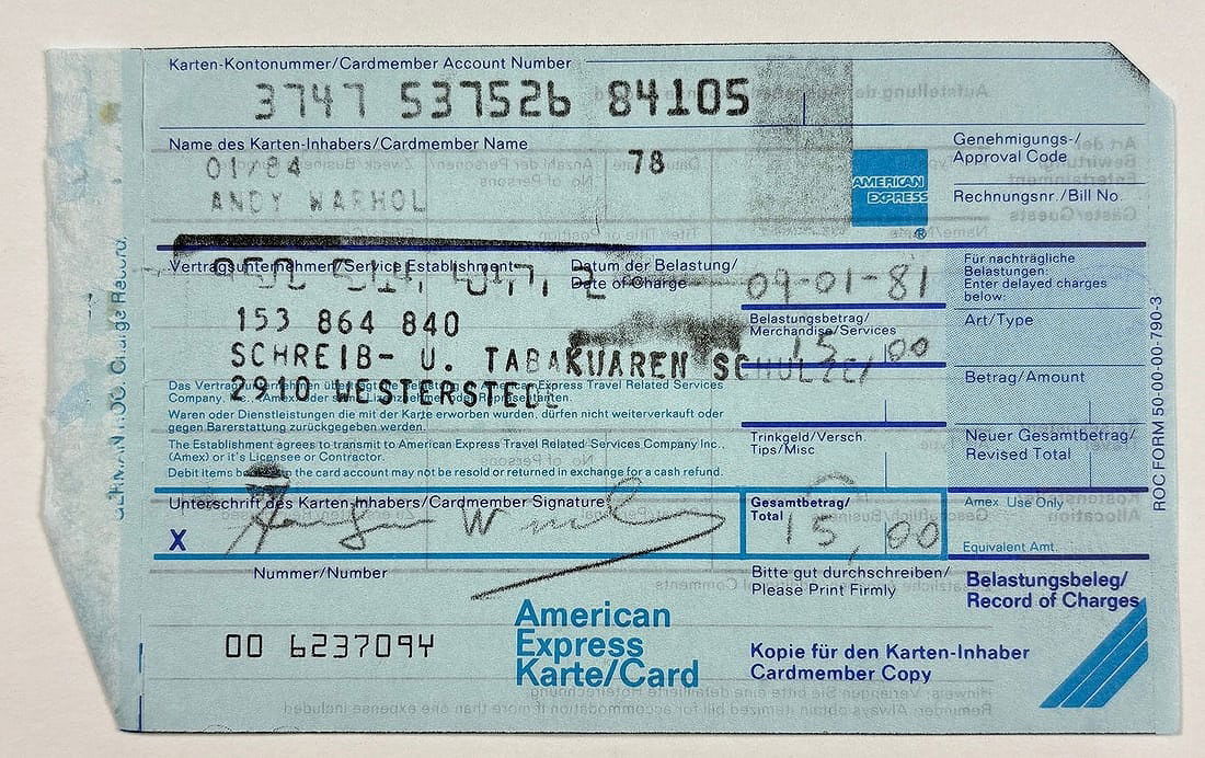 ANDY WARHOL — Signed American Express Charge Slip, Jan. 8, 1981, 3.25 × 5.25 in (1 of 4)