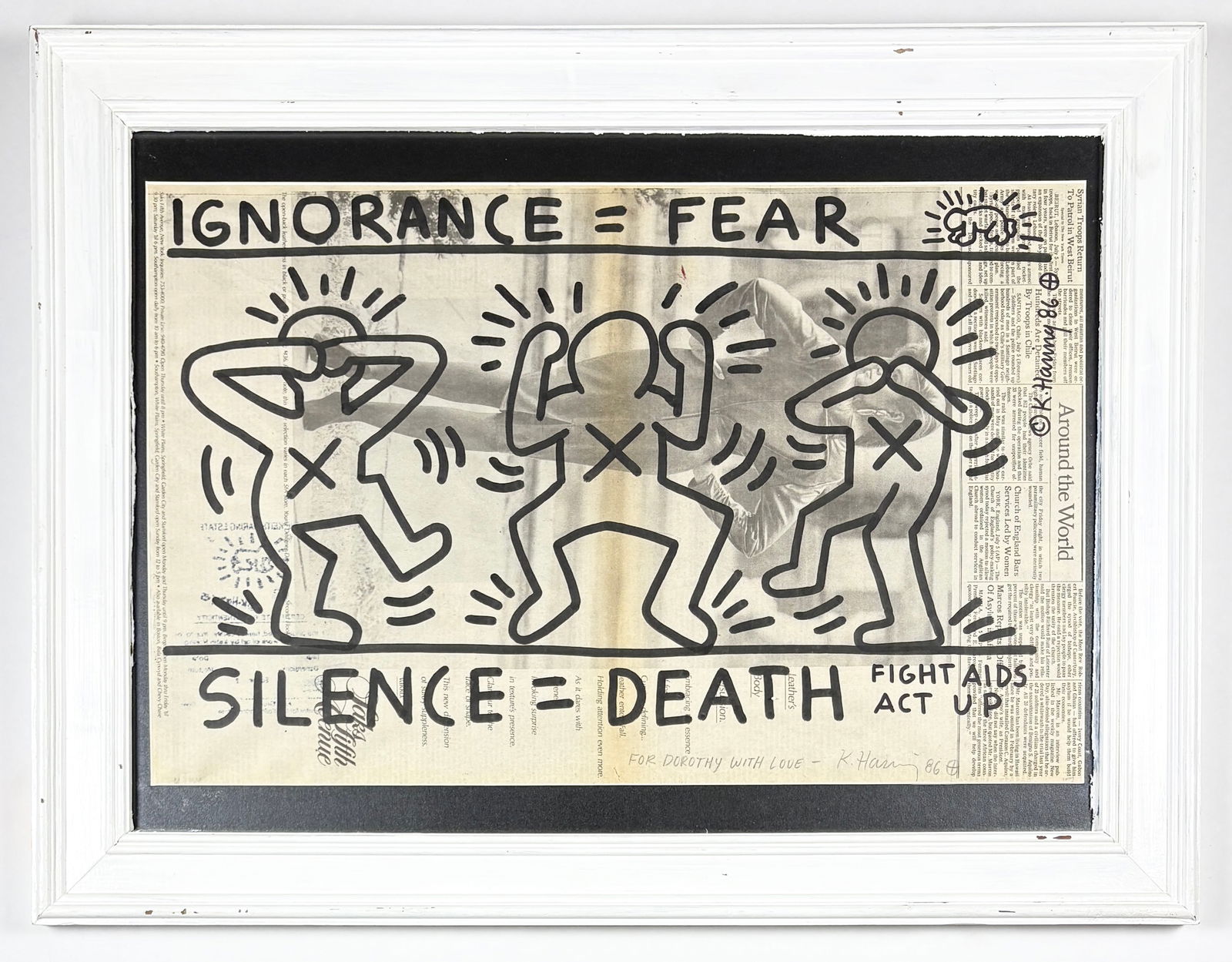 KEITH HARING – “Ignorance = Fear, Silence = Death” Newspaper Drawing, 1989 Attrib. (1 of 13)