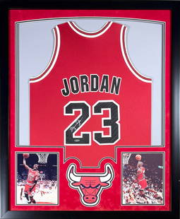Michael Jordan - Hand Signed Bulls Jersey, Upper Deck Authenticated (5 Step): MICHAEL JORDAN (American, b. 1963) Hand Signed Chicago Bulls Jersey Medium: Fabric jersey with ink signature, framed with LED backlighting Signature: Signed on numeral “2&rdquo; with Upper Deck Auth