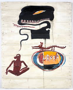 JEAN-MICHEL BASQUIAT – “Aurora,” 1985, Acrylic on Wood Attrib.: Attributed TO JEAN-MICHEL BASQUIAT (American, 1960–1988) Aurora, 1985 Medium: Oil and acrylic on wood Signature: Signed on reverse Painted on a panel of raw wood, Aurora incorporates Basquiat