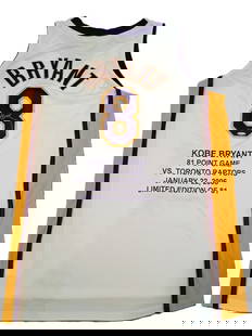 KOBE BRYANT — Hand-Signed “81 Point Game” Jersey (UDA): KOBE BRYANT (American, 1978–2020) 81 Point Game – January 22, 2006 Medium: Official Los Angeles Lakers jersey, hand-signed in silver ink Edition: Limited Edition of 81 Authentication: Upper Deck A