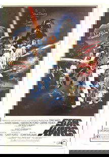 Star Wars - Cast Signed, Poster: STAR WARS Cast Signed Poster Original promotional poster for the 1977 sci-fi classic, boldly signed by seven members of the cast, including Mark Hamill, Carrie Fisher, and Harrison Ford, along with ot