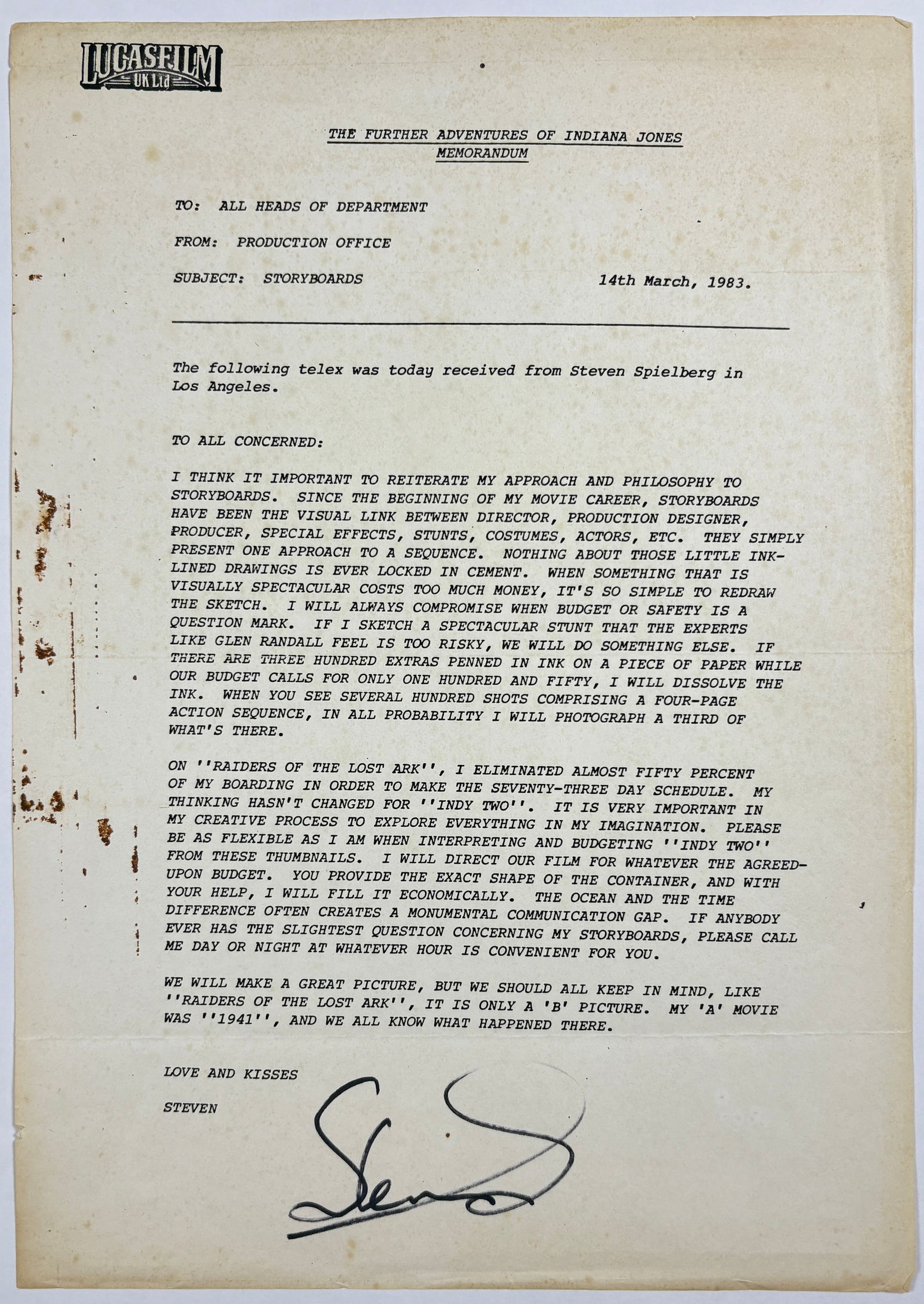 Steven Spielberg Signed 1983 "Indiana Jones" Lucasfilm Memorandum (1 of 5)
