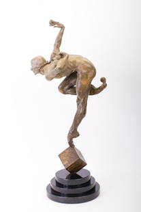 Richard MacDonald, Blind Faith, Atelier, Bronze Sculpture on Black Marble Base: Richard MacDonald Blind Faith, Atelier Bronze sculpture on a tiered black marble base, depicting a blindfolded male figure in a dynamic pose—mid-motion and finely balanced atop a faceted cube. Chara