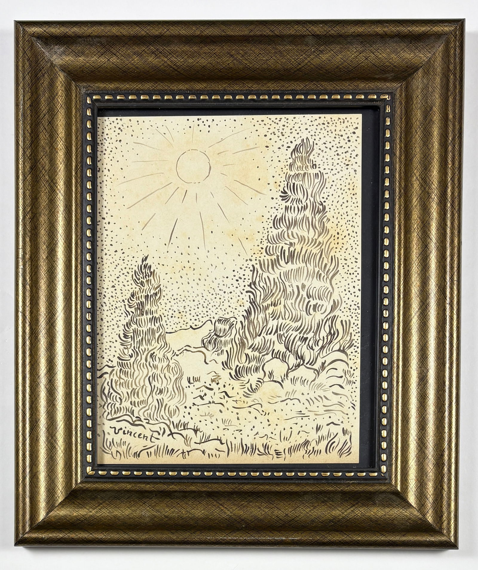 VINCENT VAN GOGH – “Les Cyprès,” 1889, Ink Drawing Attrib. (1 of 8)