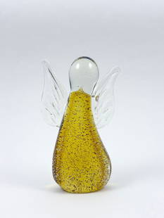 MURANO — Art Glass Angel Sculpture (Hand-Blown Glass with Suspended Gold Flecks), H: 6.25 in: MURANO Style Art Glass Angel Sculpture Medium: Hand-blown glass with suspended gold flecks A graceful Murano-style angel sculpture, crafted in clear and golden glass with delicately arched wings. The