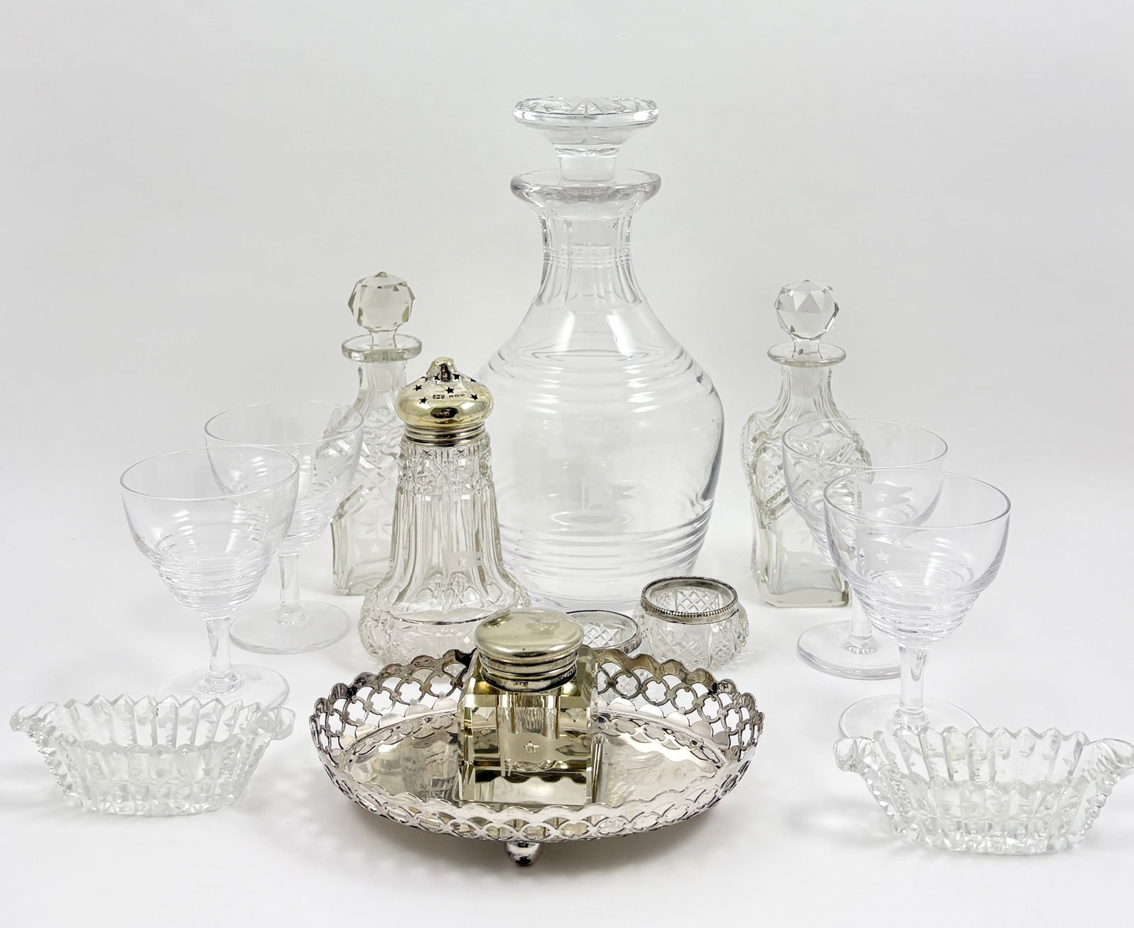 White Star Line / Stuart Crystal Glass & Sterling-Mounted Service — Decanter, Goblets, Salts & (1 of 20)