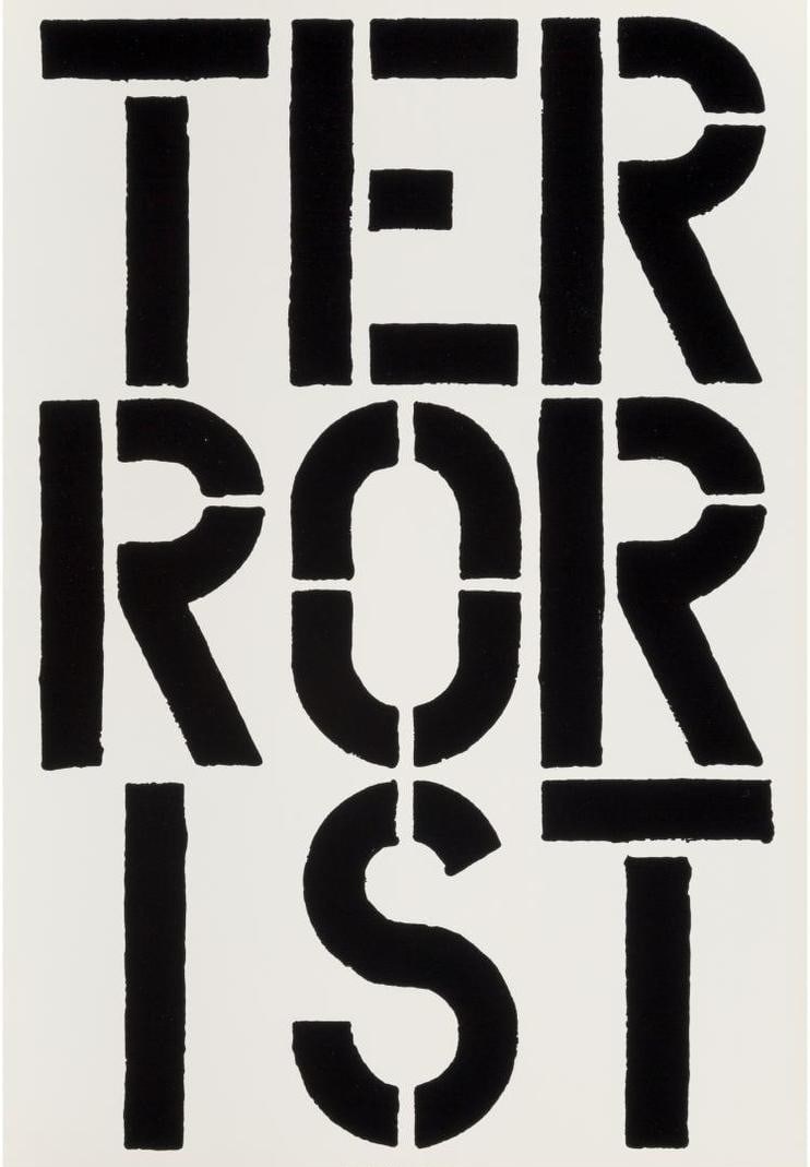 Christopher Wool - Terrorist, Silkscreen on Wove Paper: CHRISTOPHER WOOL (b. 1955) Terrorist Medium: Silkscreen on wove paper Bold black block lettering spelling “TERRORIST” in stacked formation, emblematic of Wool’s text-based practice that conf