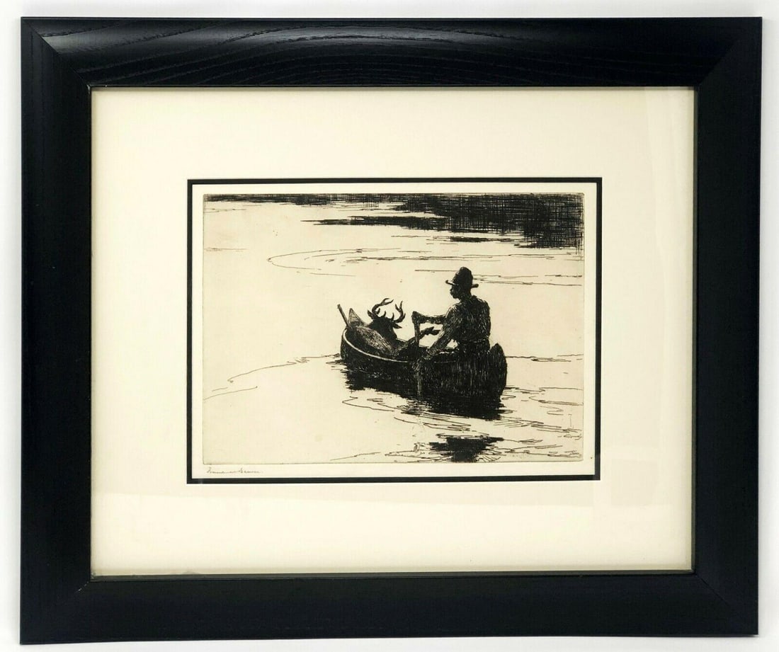 Frank Benson - The Deer Hunter, Etching: FRANK WESTON BENSON (1862–1951) The Deer Hunter Medium: Etching on paper An atmospheric etching by American painter and printmaker Frank Weston Benson, celebrated for his depictions of sporting life