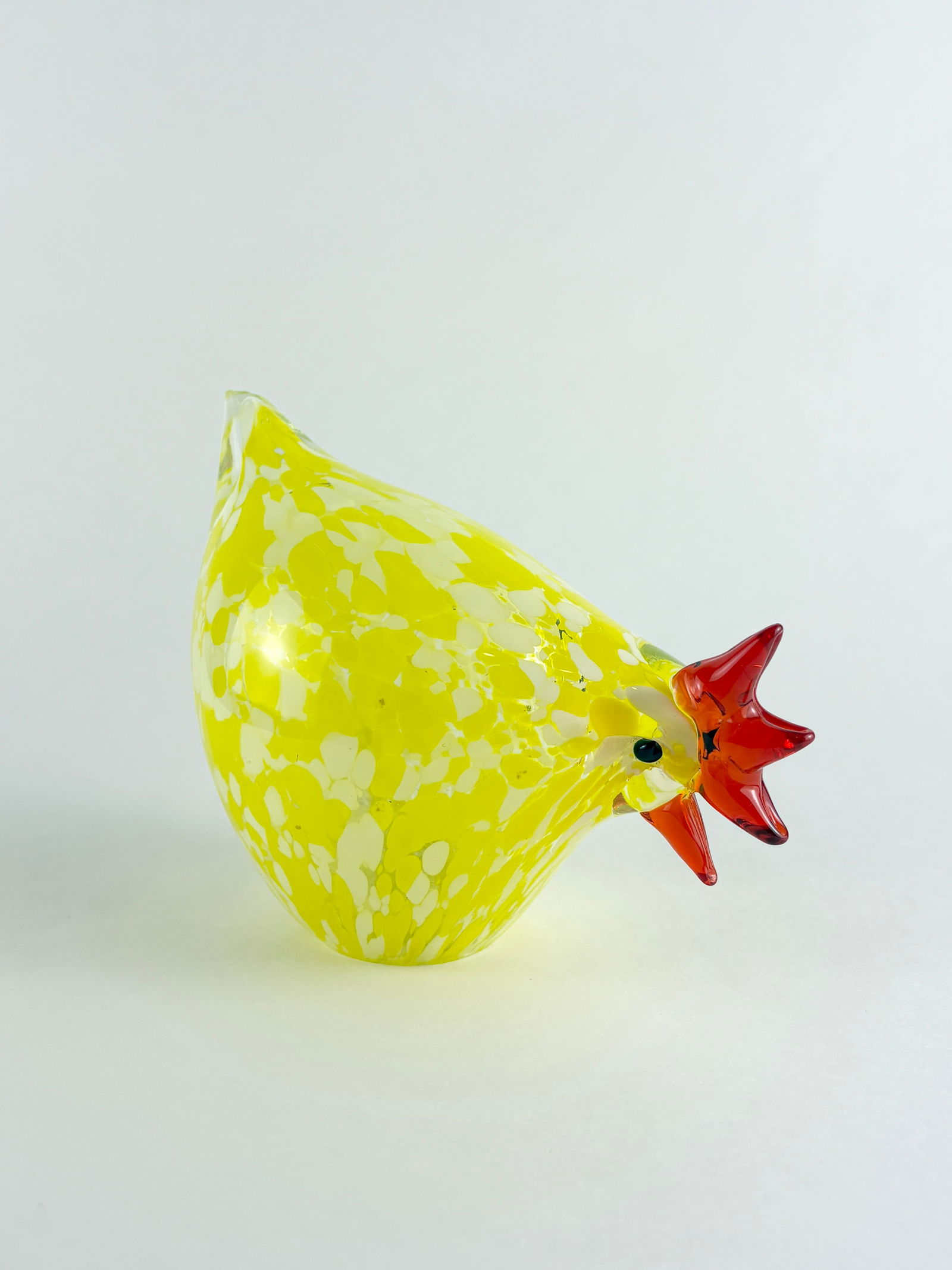 Art Glass Chicken: Art Glass Chicken, Glass Chicken Glass Height: 6 inches A decorative art glass chicken with yellow body and red applied details.