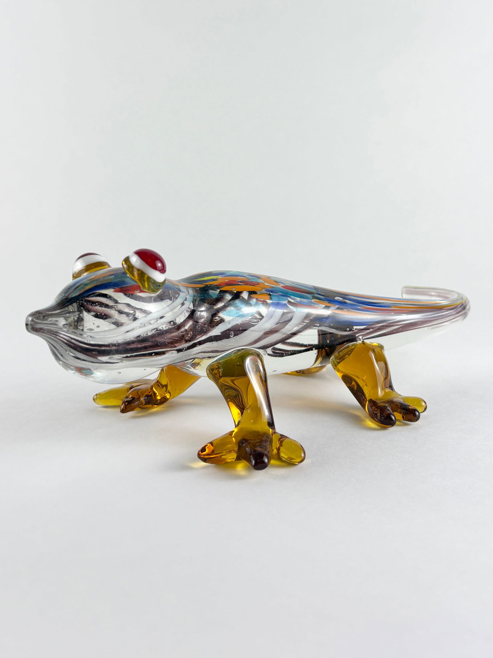 Art Glass Lizard: Art Glass Lizard, Glass Lizard Glass Height: 9.5 inches A decorative art glass lizard with multicolored detailing and applied feet.