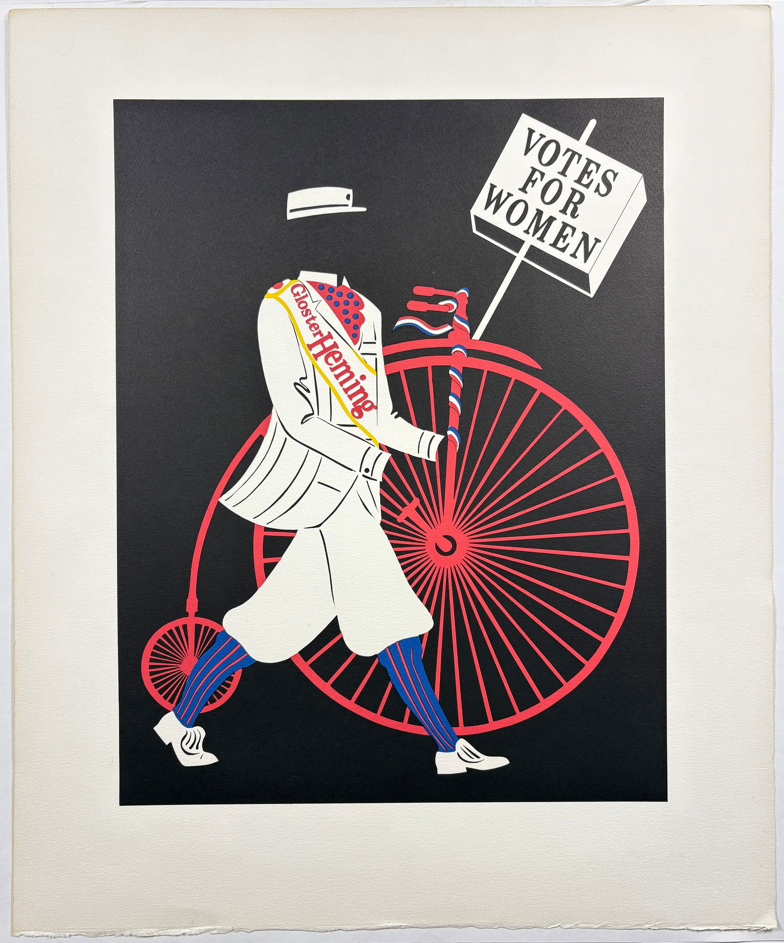 Robert Indiana, Votes for Women, Lithograph: ROBERT INDIANA (1928–2018) Votes for Women Lithograph Graphic lithograph by Robert Indiana depicting a stylized figure walking alongside a large bicycle wheel while holding a sign reading “Votes