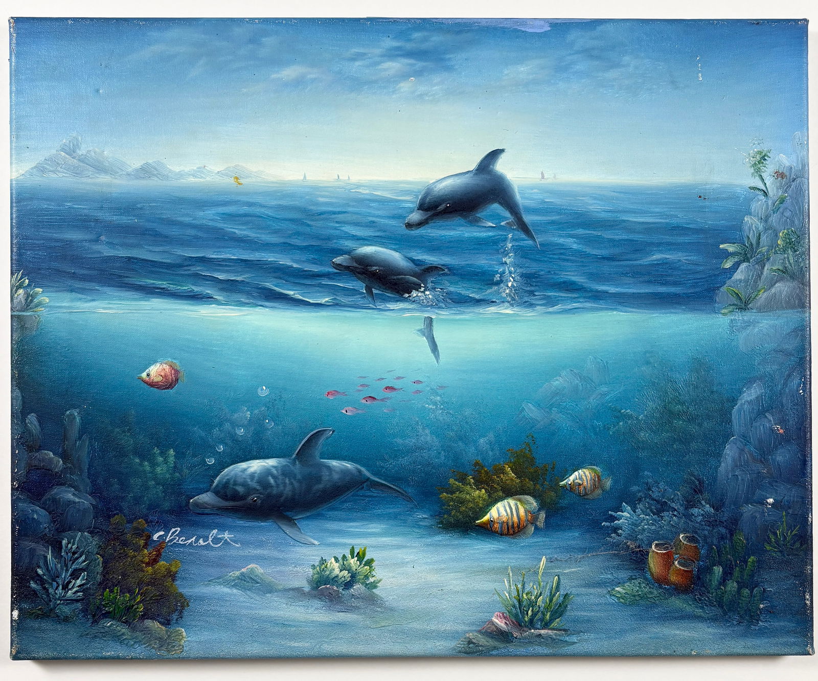 Unknown Artist, Original Marine Life Painting (Signed): UNKNOWN ARTIST Marine Life Composition Oil on canvas Original marine life painting depicting an underwater scene with dolphins and reef life. The work is signed in the lower left corner, though the