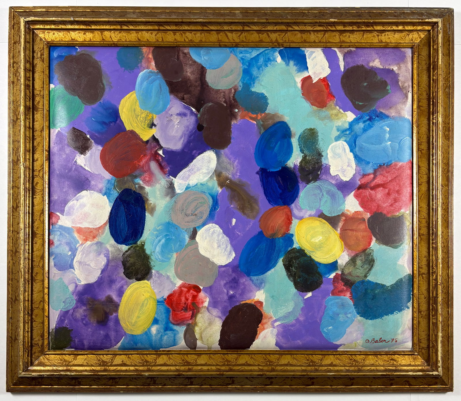 Attributed to Alice Baber, Abstract Color Field Painting: ATTRIBUTED TO ALICE BABER (1928–1982) Untitled Oil on canvas Abstract composition comprised of layered, loosely gestural color forms distributed across a luminous ground. The w