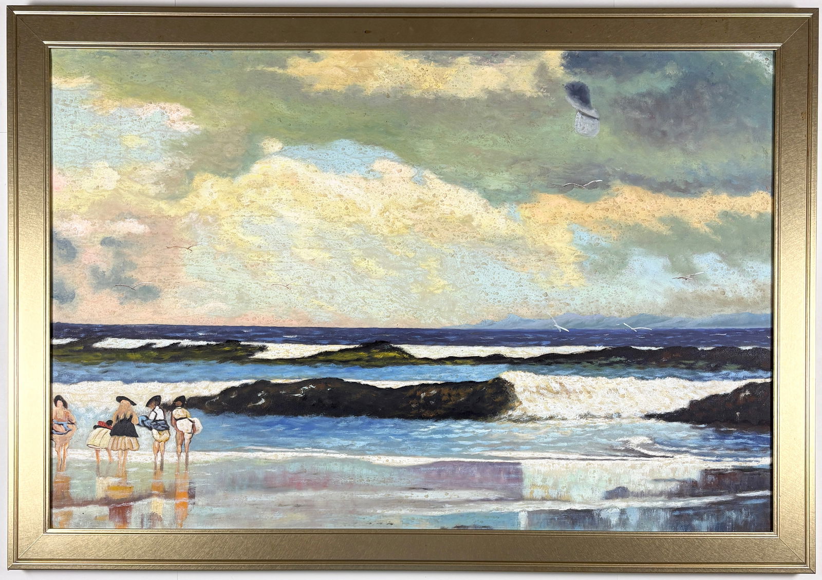 After Winslow Homer, On the Beach, Long Branch, New Jersey, Oil Painting: AFTER Winslow Homer On the Beach, Long Branch, New Jersey Oil on canvas Oil painting executed after Winslow Homer’s well-known coastal scene depicting figures along the shoreline at Long Branch,