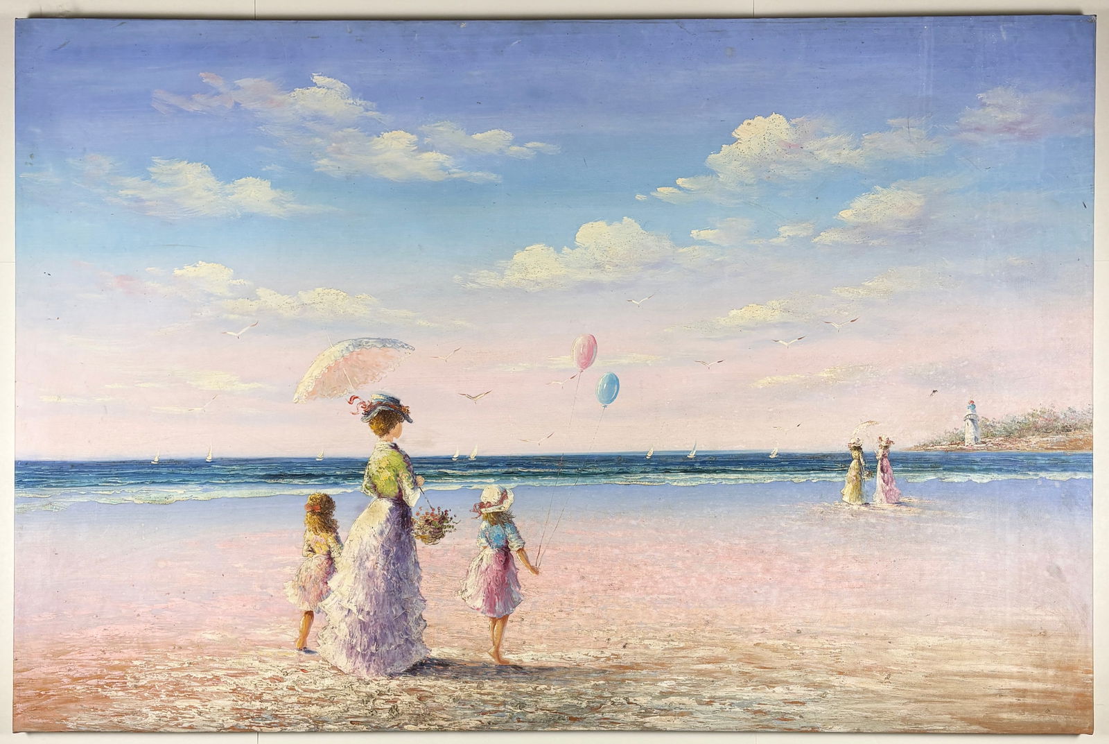 After Sergey Samoylenko, Walk by the Sea, Oil Painting: AFTER Sergey Samoylenko Walk by the Sea Oil on canvas Oil painting executed after the work of Sergey Samoylenko, depicting figures strolling along a calm shoreline beneath an expansive sky. The soft