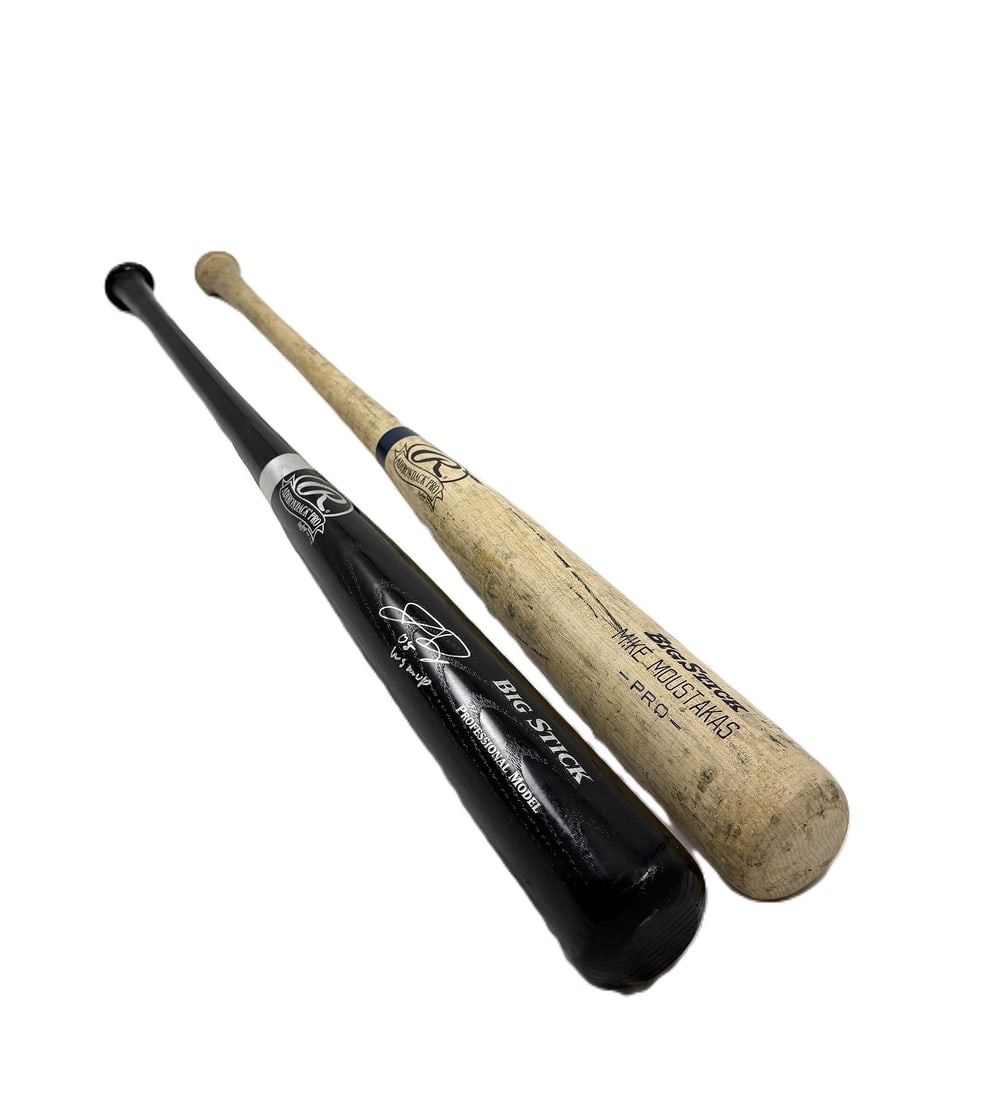 Lot of 2 Baseball Bats with Signatures: Baseball Bats, Signed Wood and composite bats Dimensions: 34 x 2 inches (each, as noted) Lot of two baseball bats displaying visible signatures on the barrels, including one natural wood bat and one b