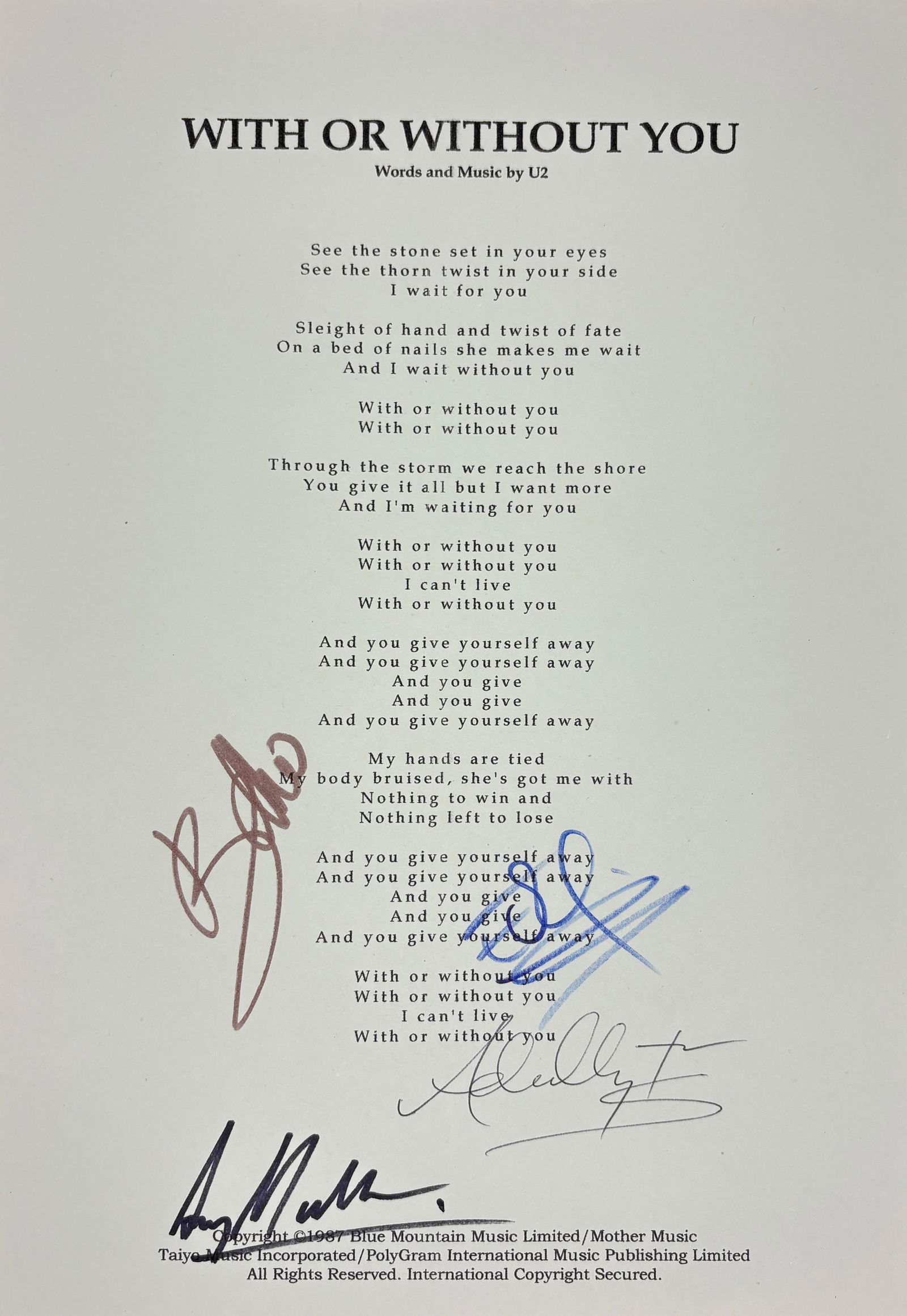 U2, “With or Without You” Signed Lyric Sheet (1 of 3)