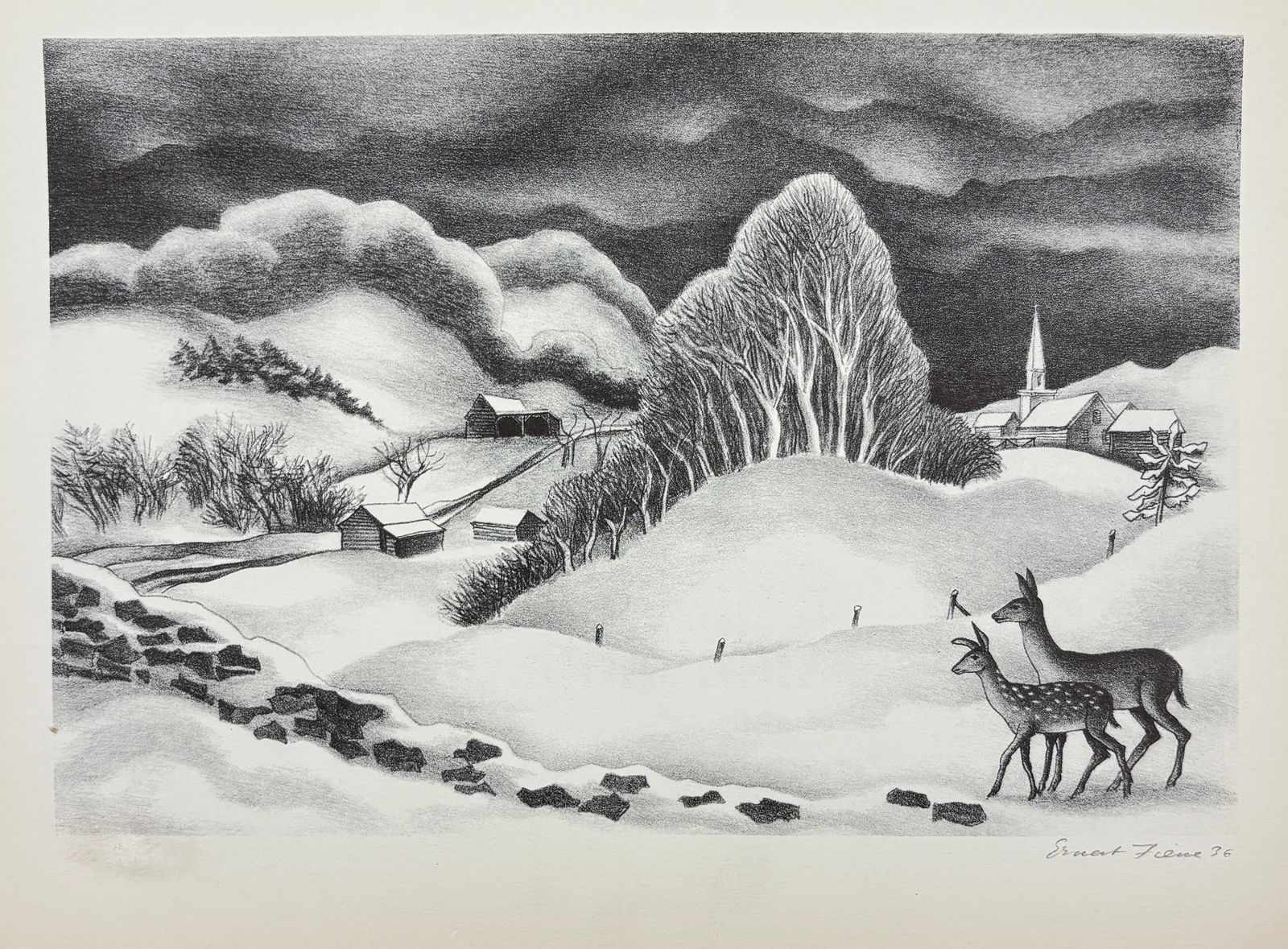 Ernest Fiene - Winter Evening, Lithographic Impression: ERNEST FIENE (1894–1965) Winter Evening, Lithographic Impression A serene winter landscape by American painter and printmaker Ernest Fiene, depicting snow-covered hills, bare trees, and a pair of qu