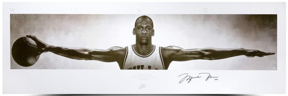 Michael Jordan - Nike Wings, Hand Signed Poster (Upper Deck Authenticated): MICHAEL JORDAN (B. 1963) Nike Wings Medium: Hand-signed poster, UDA authenticated An iconic large-format poster signed by MICHAEL JORDAN, featuring the legendary “Wings” portrait that has beco