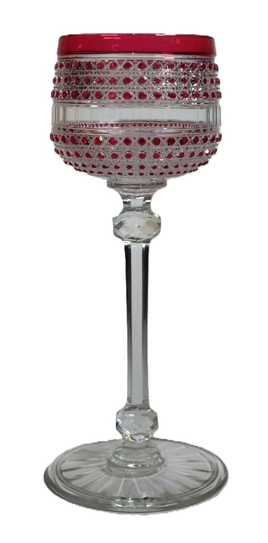 Baccarat French Cranberry Cut Crystal Wine Goblet, Early 20th Century: Baccarat, French cranberry cut crystal wine goblet early 20th century hand-cut crystal glass height 8 in. (approx.) A finely crafted Baccarat cranberry cut-to-clear wine goblet featuring intricat