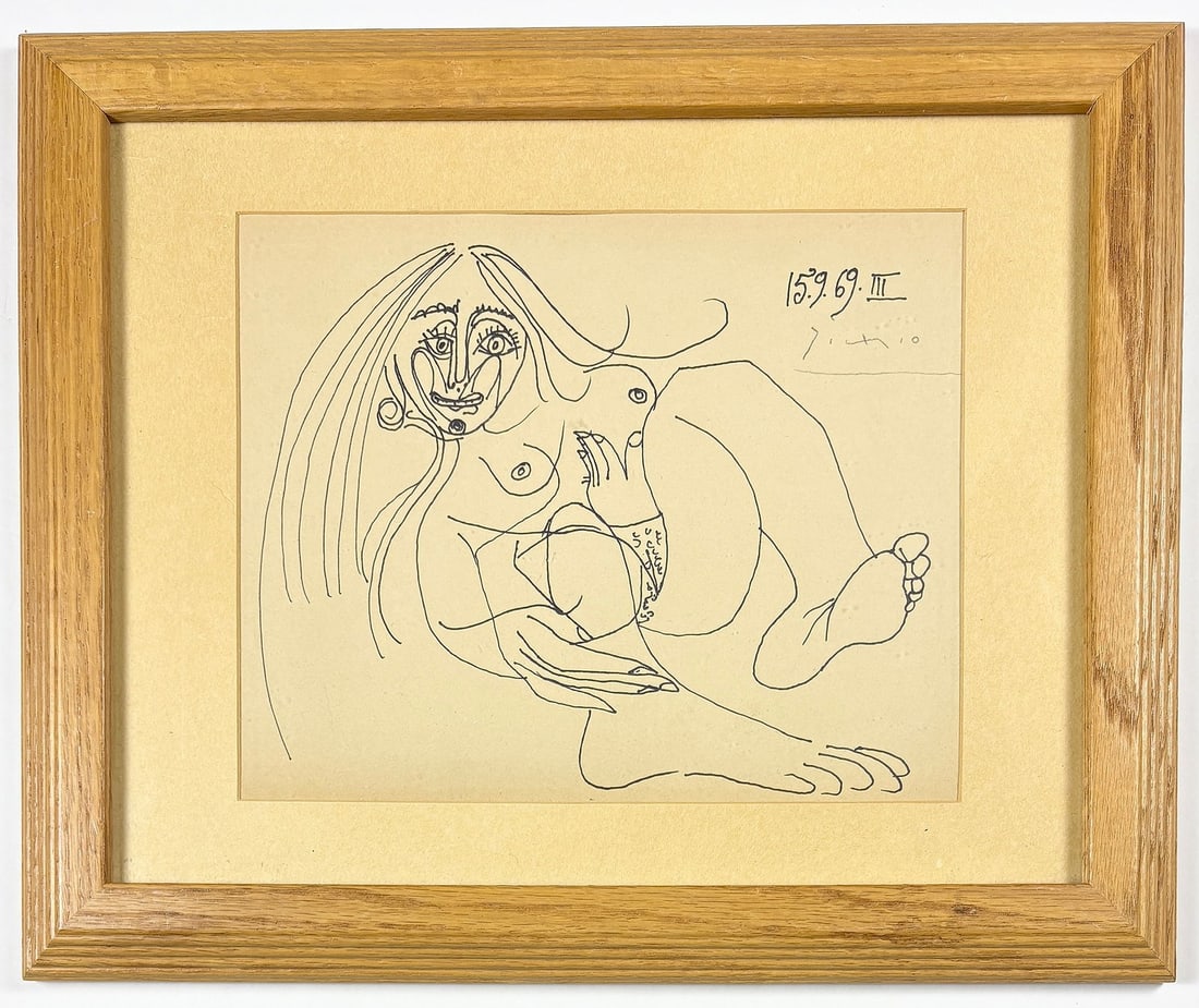 Pablo Picasso - Drawing, 1969 Attrib.: Attributed to Pablo Picasso (1881–1973), Reclining Nude, 1969 ink on paper; framed sheet approx. 13.25 × 16.25 in. (34 × 41 cm) A finely executed linear drawing depicting a reclining female nude,