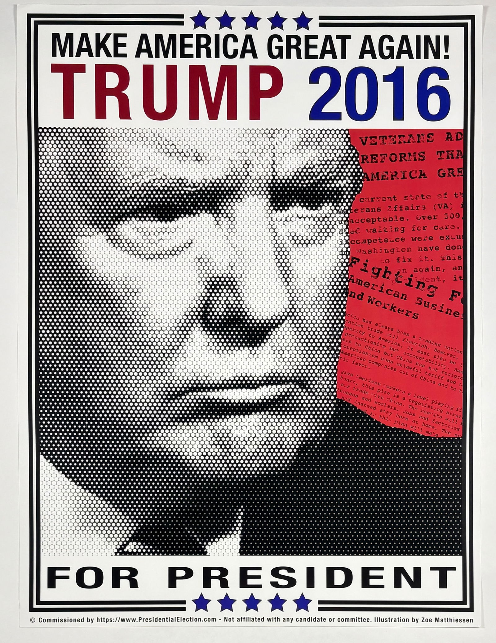 Donald Trump - 2016 Campaign Poster: Donald Trump 2016 Campaign Poster 18 × 24 inches A bold and graphic 2016 campaign poster featuring a halftone portrait of Donald Trump alongside patriotic red, white, and blue design elements. With i