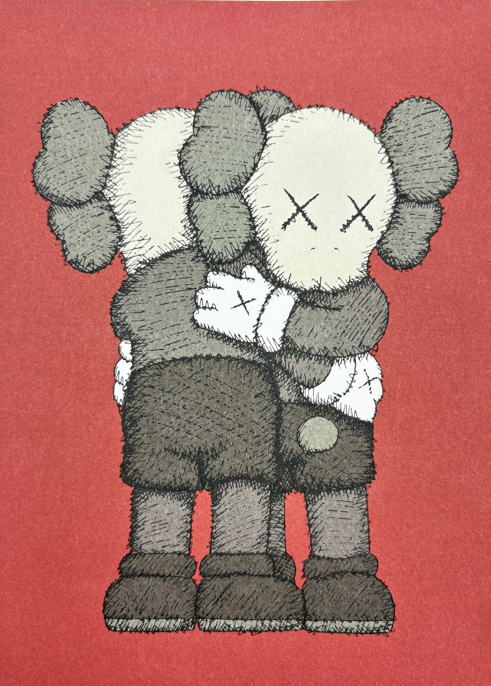 Kaws - Print: KAWS – Companion Embrace Print print on paper dimensions: 5 x 7 inches A striking and emotionally resonant image by the world-renowned artist KAWS, this small-format print features his iconic “Com