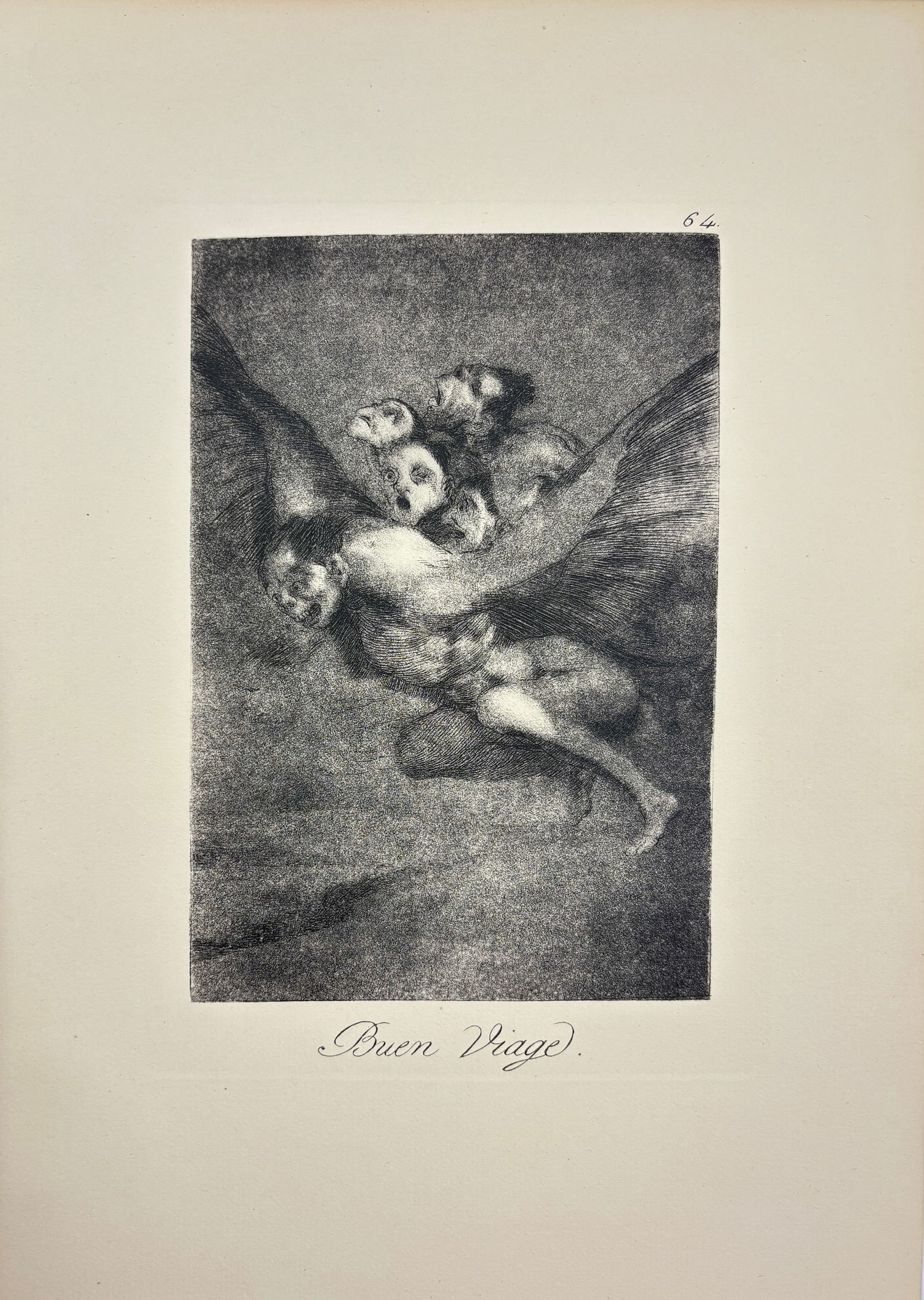 Francisco Goya - Buen Viage, Engraving: Francisco Goya, Buen Viage engraving 5.5 × 8.25 in. A haunting and enigmatic engraving by Spanish master Francisco Goya, titled Buen Viage (“Bon Voyage”). Rendered in rich tonal contras