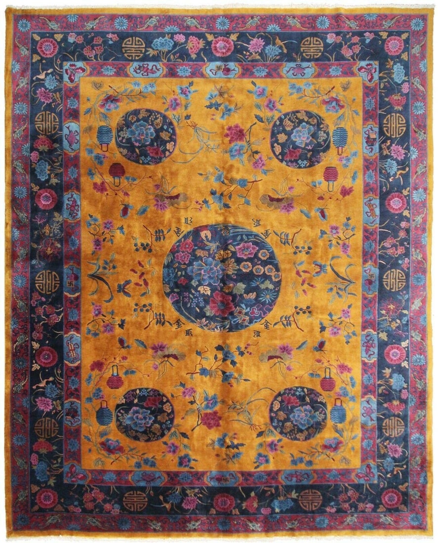 Exceptional Antique Art Deco Peking Rug, Gold & Blue Chinese (1 of 5)