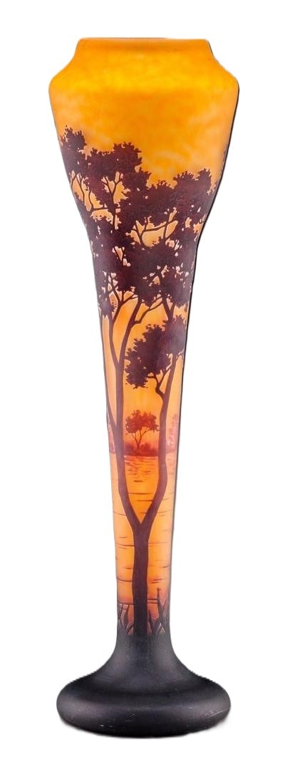 DAUM NANCY LANDSCAPE VASE – LARGE OVERLAY AND MOTTLED GLASS, CIRCA 1900: Daum Nancy Landscape Vase – Large Overlay and Mottled Glass, Circa 1900 Daum Frères, Nancy, France mottled and acid-etched cameo glass with enameled overlay height: 23 3/4 in. (60.3 cm) An exceptio