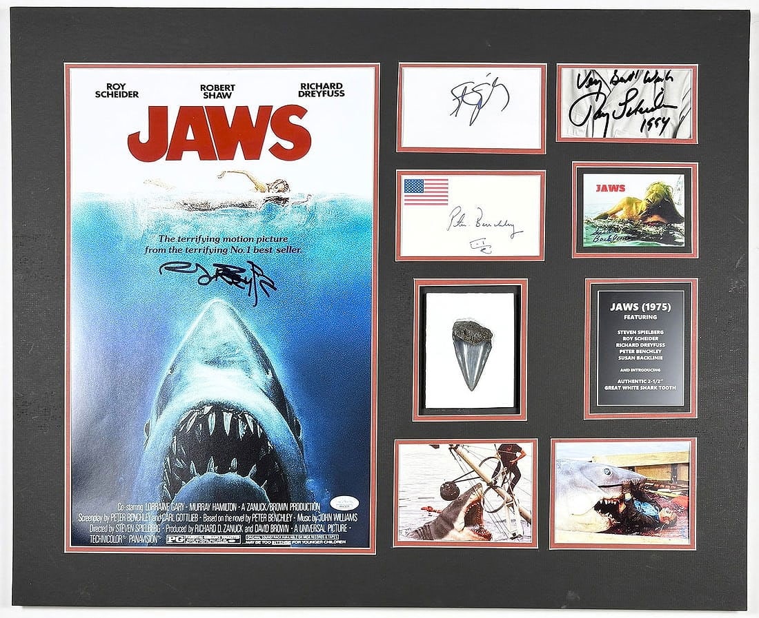 Jaws (1975) Signed Display w/ Spielberg, Roy Scheider & Peter Benchley + Fossil Tooth (1 of 20)