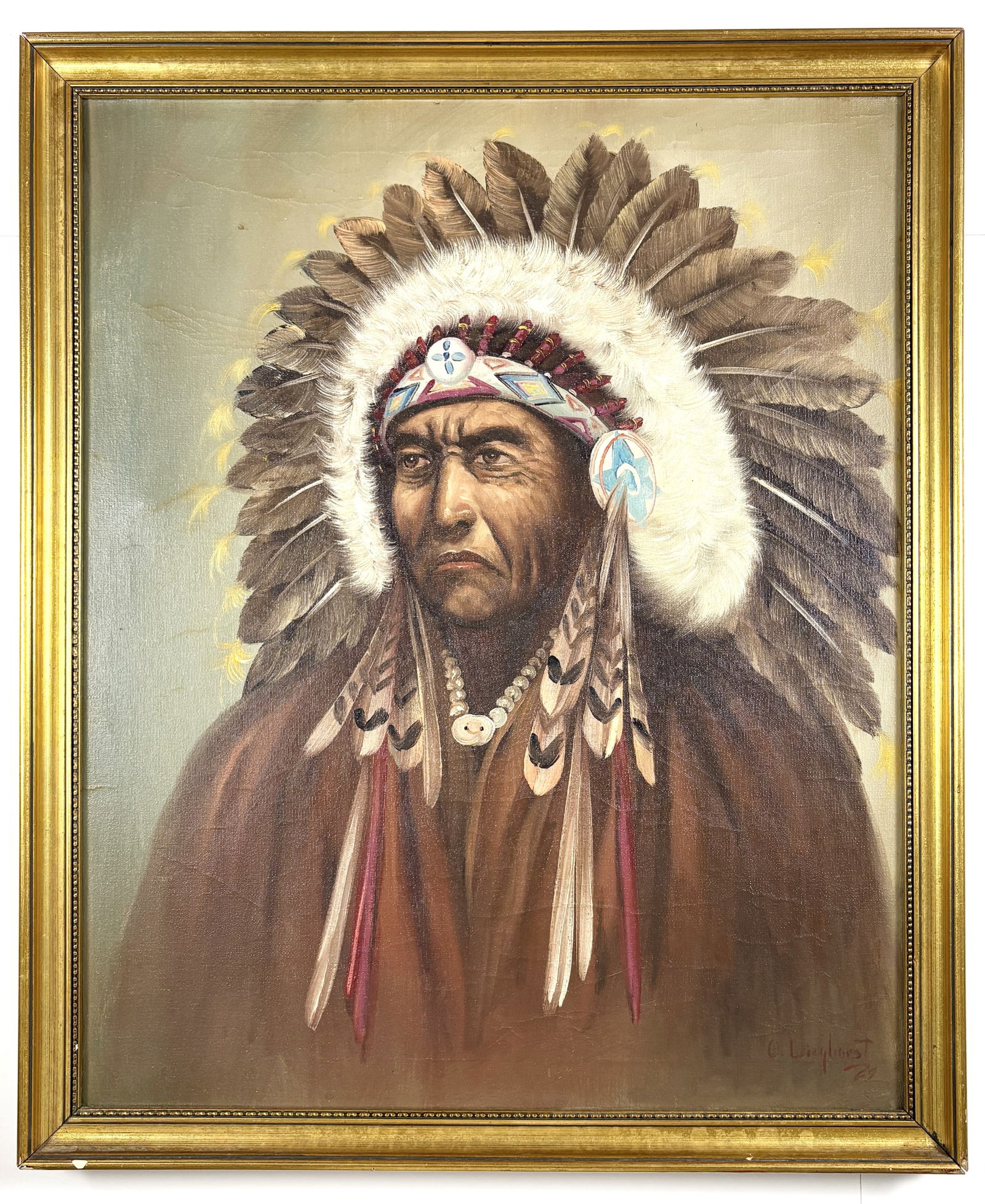 Olaf Wieghorst – Portrait of a Plains Indian Chief, Oil on Canvas: Olaf Wieghorst (1899–1986) Portrait of a Plains Indian Chief 1969 oil on canvas signed & dated to the lower right in red paint 27 x 22.25 inches This painting presents a bust-length portrait of a